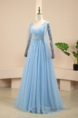 Pretty Light Blue A-Line Puffy Sleeves Party Dresses, Light Blue Evening Dresses Prom Dresses