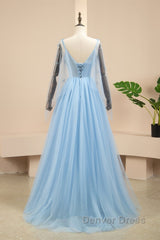 Pretty Light Blue A-Line Puffy Sleeves Party Dresses, Light Blue Evening Dresses Prom Dresses