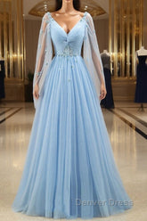 Pretty Light Blue A-Line Puffy Sleeves Party Dresses, Light Blue Evening Dresses Prom Dresses