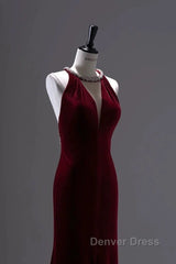 Pretty Mermaid Burgundy Velvet Long Backless Evening Dresses Prom Dresses