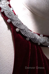 Pretty Mermaid Burgundy Velvet Long Backless Evening Dresses Prom Dresses