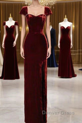 Pretty Mermaid Burgundy Velvet Slit Evening Dresses Prom Dresses