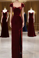 Pretty Mermaid Burgundy Velvet Slit Evening Dresses Prom Dresses