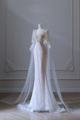 Pretty Mermaid Long Sleeves Pink Prom Dresses Evening Gowns