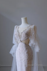 Pretty Mermaid Long Sleeves Pink Prom Dresses Evening Gowns