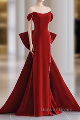 Pretty Mermaid Off The Shoulder Burgundy Satin Long Evening Dresses Prom Dresses
