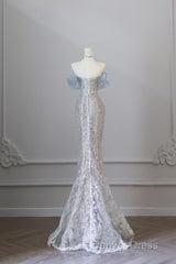 Pretty Mermaid Off The Shoulder Sequin Blue Long Prom Dresses Evening Gowns