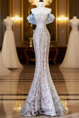 Pretty Mermaid Off The Shoulder Sequin Blue Long Prom Dresses Evening Gowns