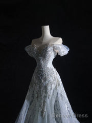 Pretty Mermaid Off The Shoulder Silver Beads Long Prom Dresses Formal Evening Dress