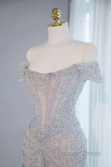Pretty Mermaid Off The Shoulder Silver Sequin Evening Dresses Prom Dresses