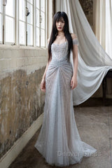 Pretty Mermaid Off The Shoulder Silver Sequin Evening Dresses Prom Dresses