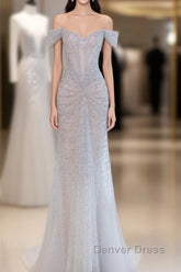 Pretty Mermaid Off The Shoulder Silver Sequin Evening Dresses Prom Dresses