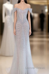 Pretty Mermaid Off The Shoulder Silver Sequin Evening Dresses Prom Dresses