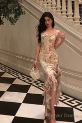 Pretty Mermaid Spaghetti Straps Pink Floral Date Night Dress Prom Dresses Birthday Party Outfit