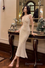 Pretty Mermaid Spaghetti Straps Sequin Ankle Length Evening Dress Prom Dresses