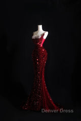 Pretty Mermaid Spaghetti Straps Sequin Beads Burgundy Long Prom Dresses Formal Evening Dresses