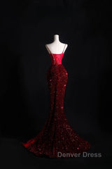 Pretty Mermaid Spaghetti Straps Sequin Beads Burgundy Long Prom Dresses Formal Evening Dresses