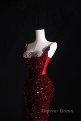 Pretty Mermaid Spaghetti Straps Sequin Beads Burgundy Long Prom Dresses Formal Evening Dresses