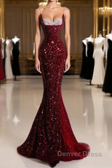 Pretty Mermaid Spaghetti Straps Sequin Beads Burgundy Long Prom Dresses Formal Evening Dresses