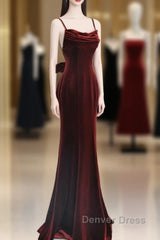 Pretty Mermaid Spaghetti Straps Wine Red Velvet Long Evening Dresses Prom Dresses