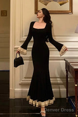 Pretty Mermaid Square Neckline Black Prom Dresses Birthday Outfits Evening Gowns