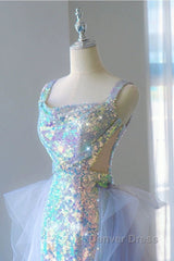 Pretty Mermaid Square Neckline Sequin Long Evening Dresses Prom Dresses