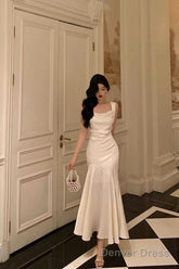 Pretty Mermaid Square Neckline White Date Night Dress Prom Dresses Birthday Party Outfit