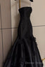 Pretty Mermaid Strapless Black Long Satin Prom Dresses With Flowers