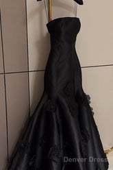 Pretty Mermaid Strapless Black Long Satin Prom Dresses With Flowers