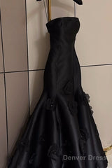 Pretty Mermaid Strapless Black Long Satin Prom Dresses With Flowers