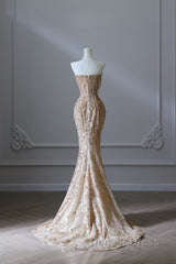 Pretty Mermaid Strapless Gold Sequin Beads Long Prom Dresses Formal Evening Dresses