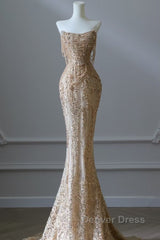 Pretty Mermaid Strapless Gold Sequin Beads Long Prom Dresses Formal Evening Dresses