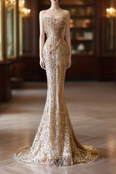Pretty Mermaid Strapless Gold Sequin Beads Long Prom Dresses Formal Evening Dresses