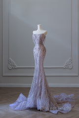 Pretty Mermaid Strapless Lilac Sequin Beads Long Prom Dresses Formal Evening Dresses