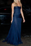 Pretty Mermaid Strapless Navy Blue Prom Dress With Ruffle Long Prom Dresses