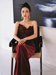 Pretty Mermaid Sweetheart Wine Red Velvet Long Evening Dress Prom Dresses