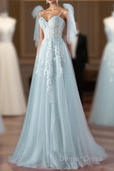 Pretty Mint Blue Tulle With Lace A-Line Long Party Dresses, Mint Blue Prom Dresses Fornal Dresses