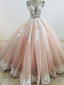 Pretty Pastel Pink Lace Applique Wedding Dress Chapel Train Prom Dress
