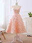 Pretty Pink Tea Length Flower Lace Wedding Prom Drses, Pink Lace Prom Dress