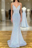 Pretty Prom Dress, Sheath Column V Neck Spaghetti Straps Sweep Train Sequined Prom Dresses With Pleated