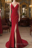 Pretty Red Mermaid Straps Long Evening Dresses With Leg Slit, Red Prom Dresses