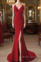 Pretty Red Mermaid Straps Long Evening Dresses With Leg Slit, Red Prom Dresses