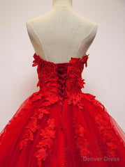 Pretty Red Sweetheart Strapless Ball Gown Applique Tulle Long Prom Dress,Party Dresses