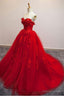 Pretty Red Sweetheart Strapless Ball Gowns Applique Tulle Long Prom Dress,Prom Dresses