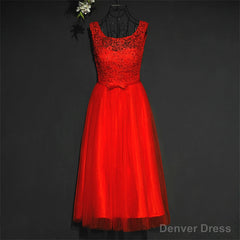 Pretty Red Tulle and Lace Tea Length Party Dress, Red Bridesmaid Dress