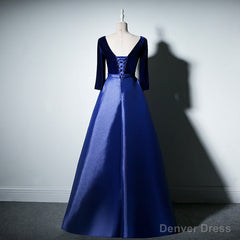 Pretty Royal Blue Long Sleeves Satin with Velvet Party Dress, A-line Long Prom Dress