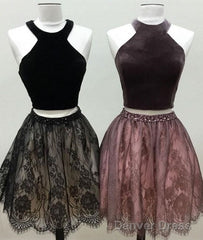 Pretty Sample Halter Velet Two Pieces Lace Short Prom Dress