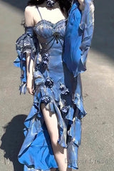 Pretty Sheath Irregular Ruffled Spaghetti Straps WomenS Blue Long Birthday Party Dresses