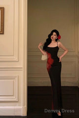 Pretty Sheath Spaghetti Straps Black Long Prom Dresses Birthday Outfits Evening Gown