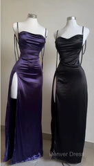 Pretty Sheath Spaghetti Straps Floor Length Ruffles Grape Slit Prom Dresses